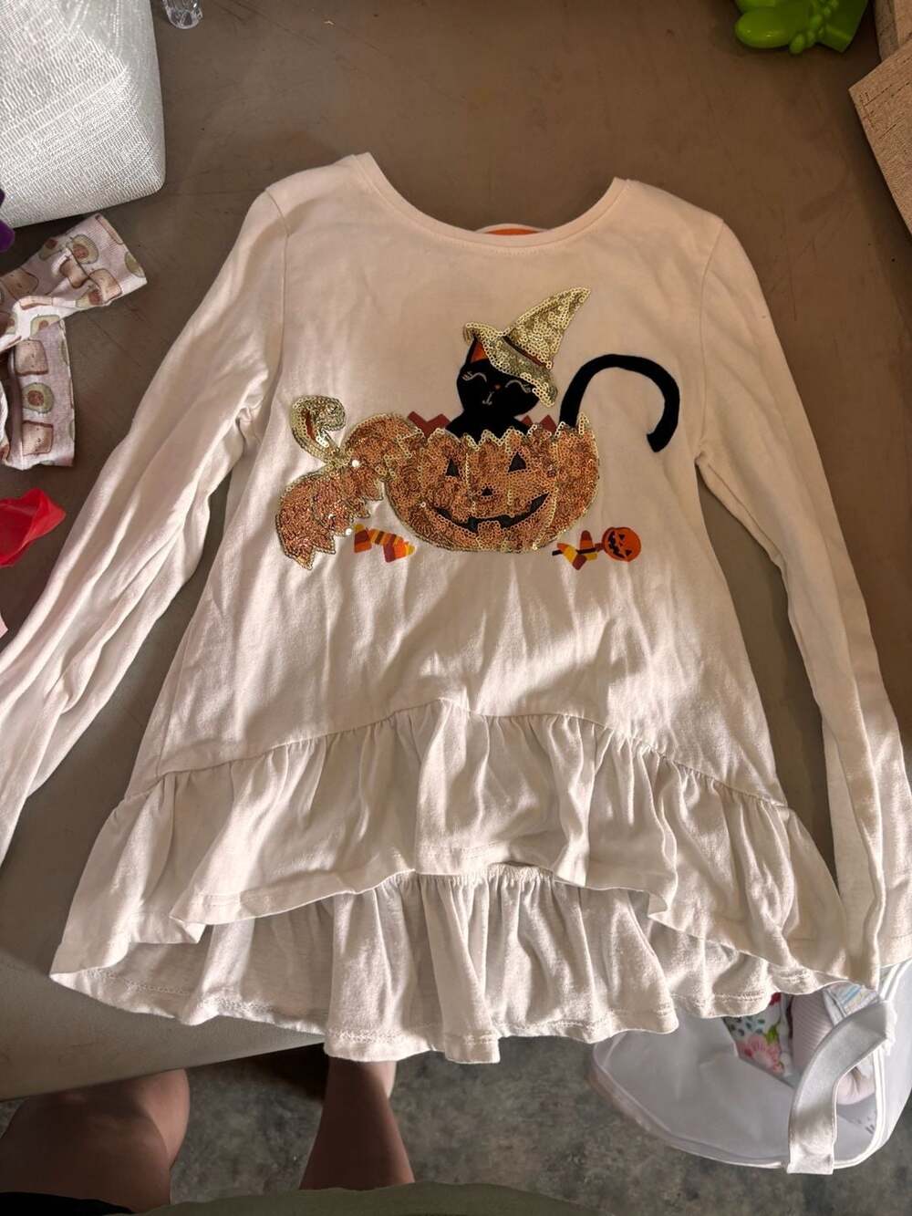 Spooky Night Girls Long Sleeve Halloween Sequin Black Cat and Pumpkin Ruffle Hem